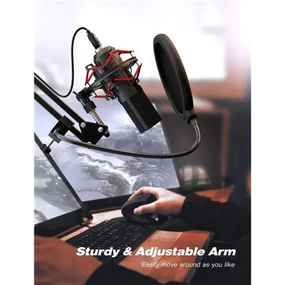USB Gaming Microphone Set with Flexible Boom Arm Stand Pop Filter, Plug and Play